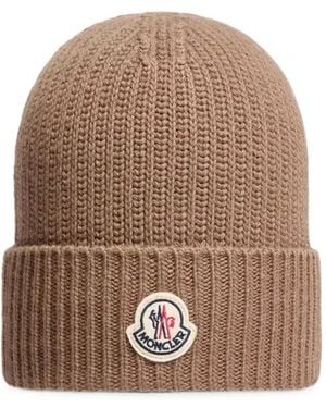 Moncler Logo-Patch Ribbed-Knit Beanie Hat - Brown