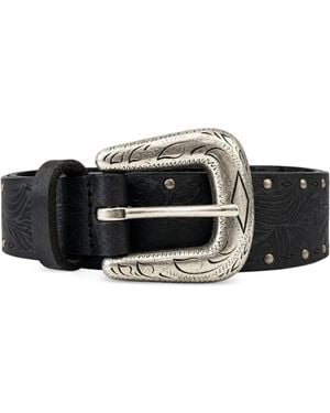 Anderson's Stud-Embellished Engraved-Buckle Belt - Black