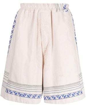 By Walid Floral-Embroidered Linen Drop-Crotch Shorts - Natural