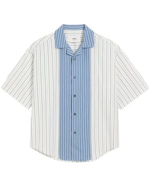 Ami Paris Vertical Stripe Short Sleeve Shirt With Logo Patch - Blue