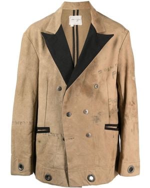 Greg Lauren Stamp-Print Double-Breasted Coat - Natural