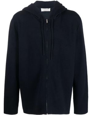 Lanvin Logo-Embroidered Knit Wool-Blend Hoodie - Blue