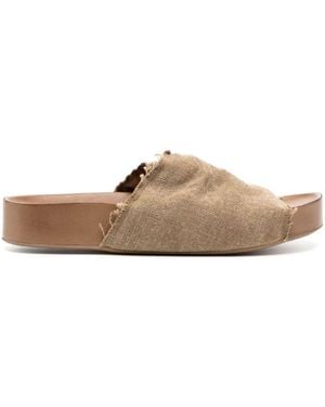 Uma Wang Distressed Linen-Leather Slides - Brown