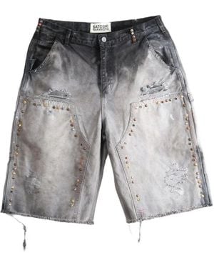 Satoshi Nakamoto Danny's Carpenter Stud-Embellished Distressed Shorts - Grey