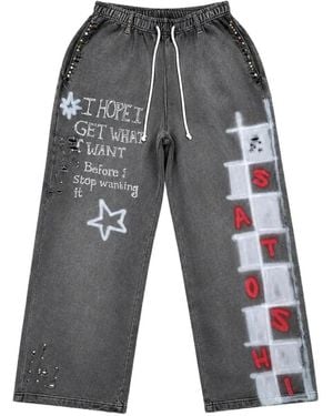 Satoshi Nakamoto Get What I Want Distressed Graffiti-Print Trousers - Grey