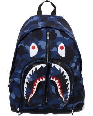A Bathing Ape Camouflage-Pattern Shark Backpack - Blue