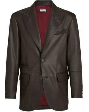 Brunello Cucinelli Peak-Lapels Leather Blazer - Black