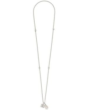 Dolce & Gabbana Logo-Plaque Pearl-Pendant Necklace - White
