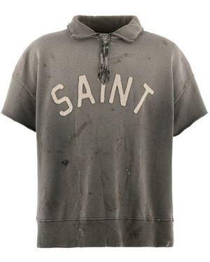 SAINT Mxxxxxx Distressed Half-Zip Polo Shirt - Grey