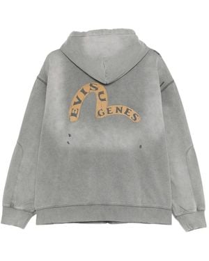Evisu Distressed Logo-Print Hoodie - Grey