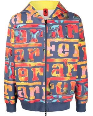 Ferrari Logo-Painterly Zip-Up Hoodie - Blue
