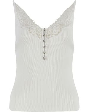 Self-Portrait Ribbed Top With Lace Trim - White
