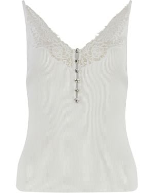Self-Portrait Ribbed Top With Lace Trim - White