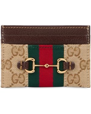 Gucci Card Holder With Horsebit And Monogram - Brown
