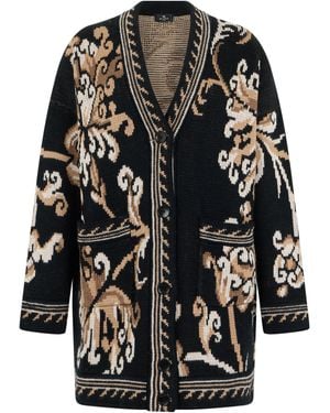 Etro Floral Graphic Wool Cardigan With V-Neck - Black
