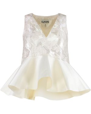 Ganni Satin Top With Peplum And Cloque - White