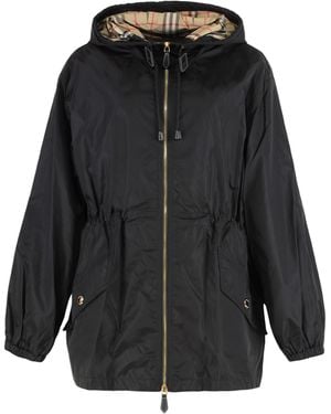 Burberry Hooded Windbreaker Jacket Polyester Trench & Raincoats - Black