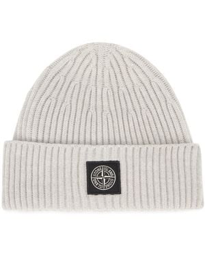 Stone Island Ribbed Knit Hat With Logo - White