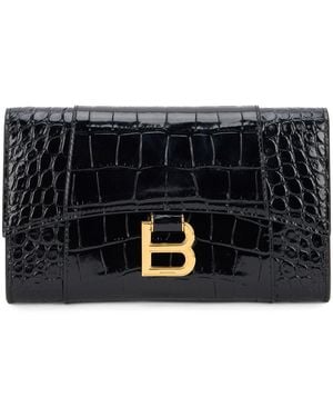 Balenciaga Mini Croc-Effect Flap Clutch With-Tone Detail - Black