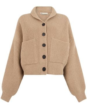 Tory Burch Cropped Wool Cardigan With Wide Sleeves And Button Front - Natural