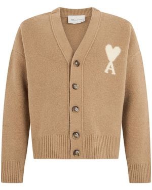Ami Paris Cardigan With Buttons And Logo - Natural
