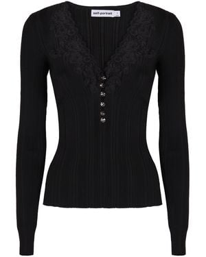 Self-Portrait Ribbed Top With Shiny Buttons - Black