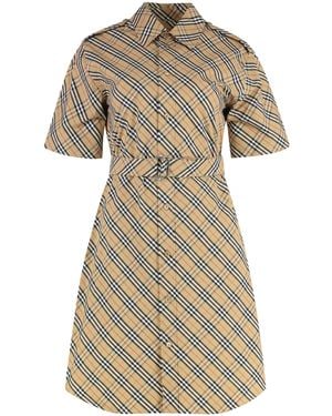 Burberry Checked Cotton Shirtdress With Coordinated Waist Belt - Natural
