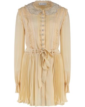 Self-Portrait Mini Dress In Pleated Georgette - Natural