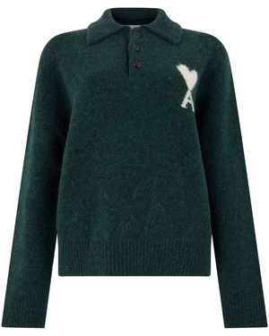 Ami Paris Alpaca Blend Polo Jumper With Contrasting Trim - Green