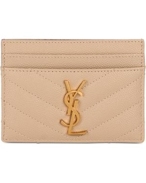 Saint Laurent Matelassé Leather Card Holder With Logo - Natural