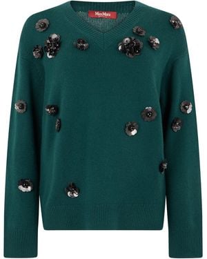 Max Mara Wool Sweater Mixed With Cashmere With Floral Applications - Green
