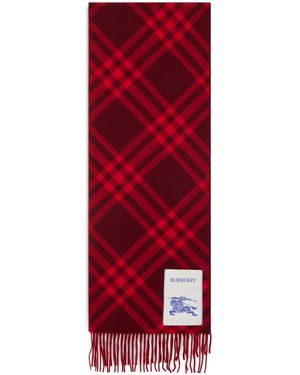 Burberry Cashmere Plaid Scarf With Fringed Ends - Red