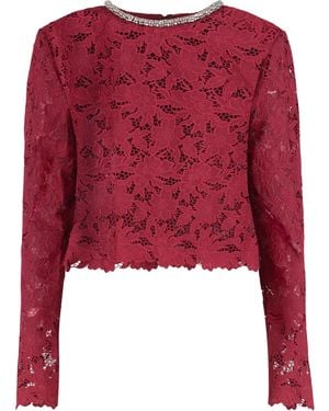 Self-Portrait Lace Top With Crystals - Red