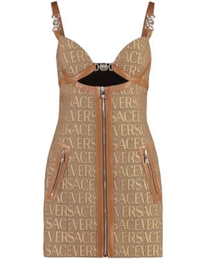 Versace Versatile Monogram Mini Dress With Leather Trims - Brown