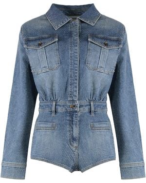 Self-Portrait Denim Jumpsuit With Rhinestones - Blue