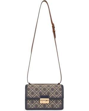 Tory Burch Monogram Mini Shoulder Handbag With Hook Buckle Closure - White
