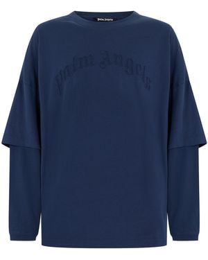 Palm Angels Long Sleeve T-Shirt With Embroidered Logo - Blue