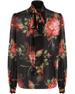 Dolce & Gabbana Rose Bouquet-Print Chiffon Top - Black