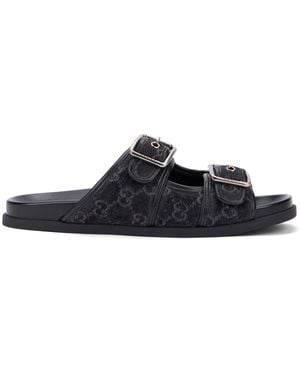 Gucci Sandalo slider in denim con fibbie - Nero