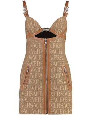 Versace Versatile Monogram Mini Dress With Leather Trims - Brown