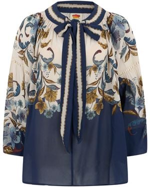 FARM Rio Printed Blouse With Bow Collar - Blue
