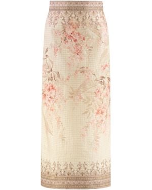 Zimmermann Illuminate Linen Pencil Midi Skirt With Floral Print - Natural