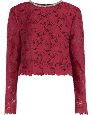 Self-Portrait Lace Top With Crystals - Red