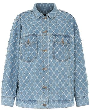 Pinko Denim Jacket Made Of Cotton With Rhinestones - Blue