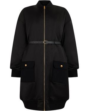 Elisabetta Franchi Knee-Length Technical Fabric Jacket With Zip Front, High Collar & Flared Hem - Black