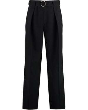 Jil Sander Wide Pleated Wool Trousers With Waist Belt - Black