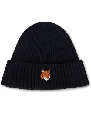 Maison Kitsuné Knitted Cap With Logo - Black