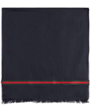 Gucci Scarf With Fringes And Web Band - Blue