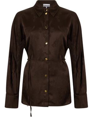 Ganni Satin Shirt With Jacquard Effect - Brown