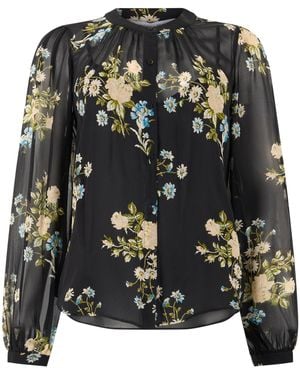 Veronica Beard Floral Chiffon Button-Front Blouse With Long Sleeves - Black
